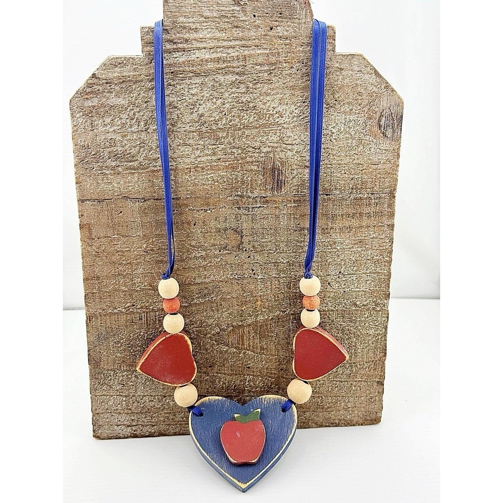 Vintage Blue Hearts With Apple Wooden Necklace 16" L
